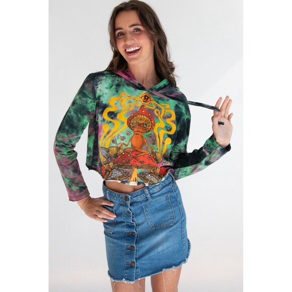 KATHMANDU TRIPPY FROG TIE DYE CROPPED HOODIE Women's Medium Mushroom Hippie - Picture 1 of 5